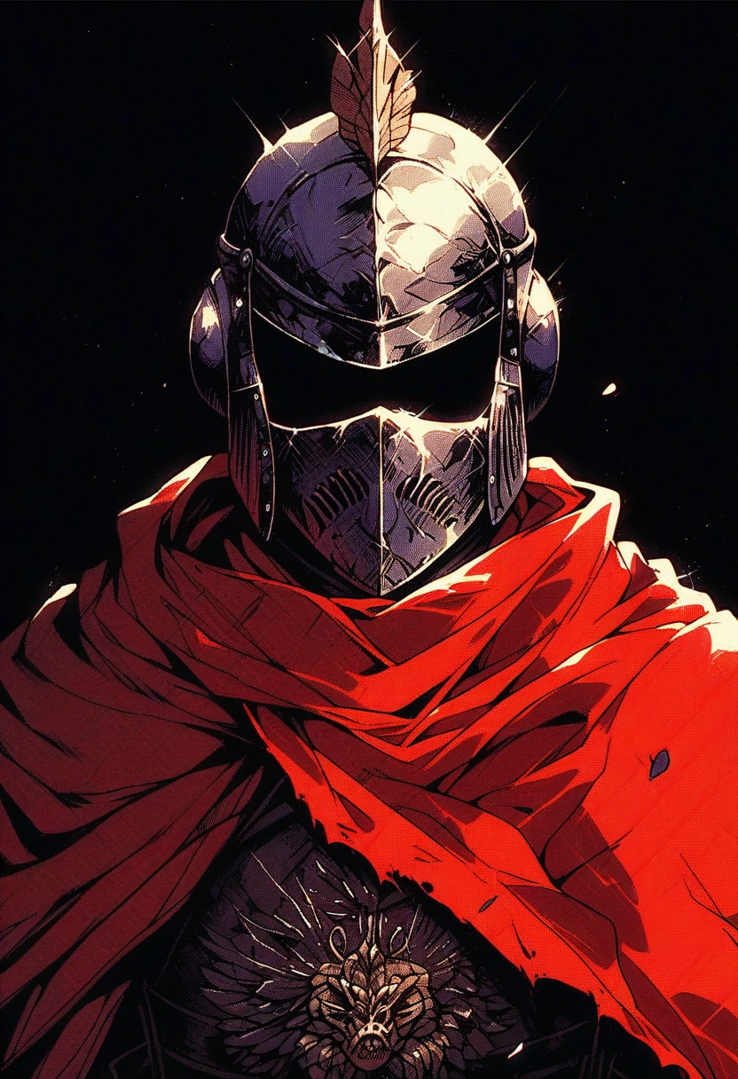 score_9, score_8_up, score_7_up, source_anime, <lora:Kenva_Enhanced:1> knva, [halftone effect, retro artstyle:0.7],  armored medieval knight, helmet with closed visor, red cloak, black background,