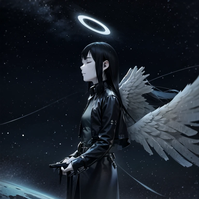 Space-themed <lora:Reki:0.85>, 1girl, solo, long hair, black hair, halo, angel wings, shirt, open jacket, 
, 
black wings, 
, 
closed eyes, 
pale skin,eyelashes, 
Hopelessness, 
a character portrait, 
, 
, 
Don Maitz,  <lora:LowRA:0.75>, ,  dark theme,,, <lora:animeoutlineV4_16:0.75>, , lineart, monochrome . Cosmic, celestial, stars, galaxies, nebulas, planets, science fiction, highly detailed