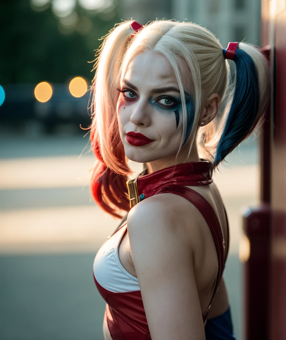 cinematic photo , <lora:quiron_HarleyQuinn_v1150_Lora:0.67> harleyquinnquiron, harleyquinn, makeup, solo, lipstick, looking at viewer, . 35mm photograph, film, bokeh, professional, 4k, highly detailed