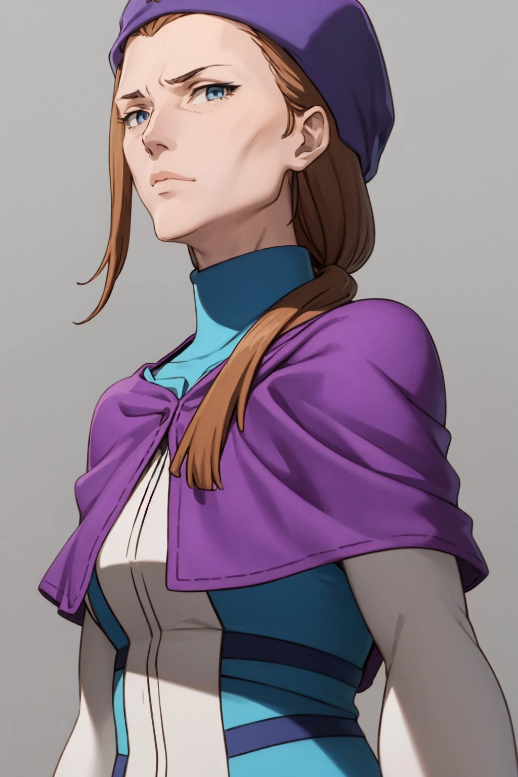 masterpiece, best quality,
1girl, wilmitzenam, brown hair, blue eyes,
grey hat, purple capelet,
upper body, solo, looking at viewer, simple background <lora:WilmitZenam:1>