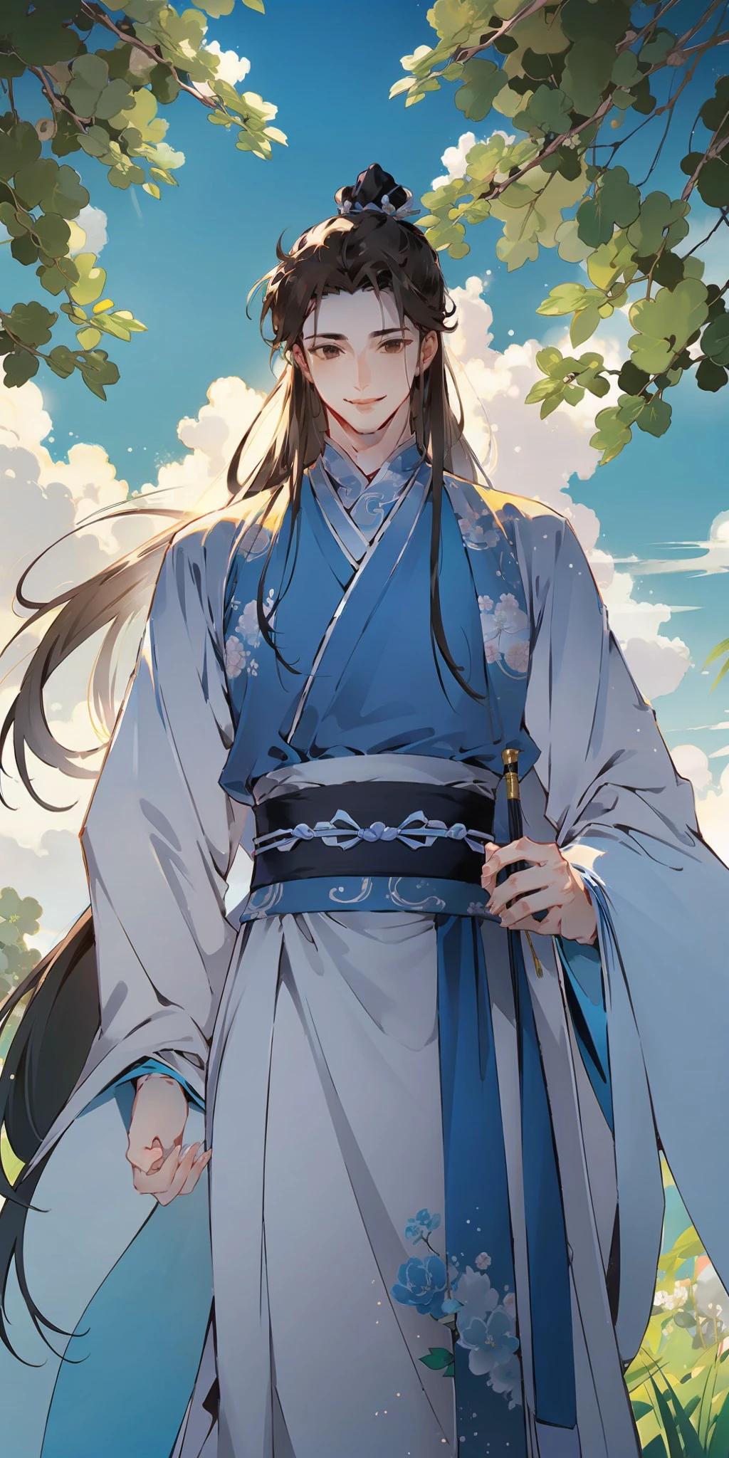 (half body) (masterpiece), best quality, expressive brown eyes, long eyelashes, perfect face male face, 1boy, long hair, ebony black hair, long hair, separated hair, bangs pinned back, sweet smile, wearing a white hanfu, Chinese clothes, hands holding a Chinese flute in a beuatiful flower field, with blue sky, greentrees, brushes, blue flowers, natural light, 1boy, white hanfu, forehead ribbon, long hair, brown eyes, Lan xichen, loraeyes, taoist, ming style, , <lora:1ec29057-50b9-4b9e-a340-5dbf91bafe48:0.4>, <lora:84c440d3-ea3c-454d-8ab3-71a1ae2f8ea2:0.4>, <lora:LoraeyesV:0.6>, <lora:taoist:0.3>, <lora:hanfu_v30:0.3>, <lora:ac8e3a93-fc4e-4fc7-94b5-1b6d2bd4263e:0.3>