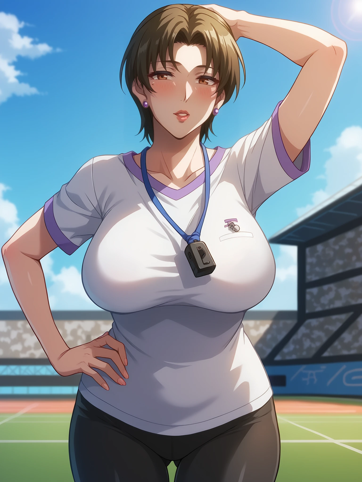 score_9, score_8_up, score_7_up, score_6_up, BREAK,
IkumiSunohara is standing, hand on own hip, holding whistle, arm up, 
1girl, mature female, milf, solo, legs apart, cowboy shot, 
looking at viewer, blush, parted lips, 
short hair, brown eyes, earrings, shiny, lips,
white purple two-tone T-shirt, multicolored clothes,  short sleeves, black yoga pants,
large breasts, thighs,
outdoors, stadium, blue sky,
 <lora:IkumiSunohara3216XL:1>