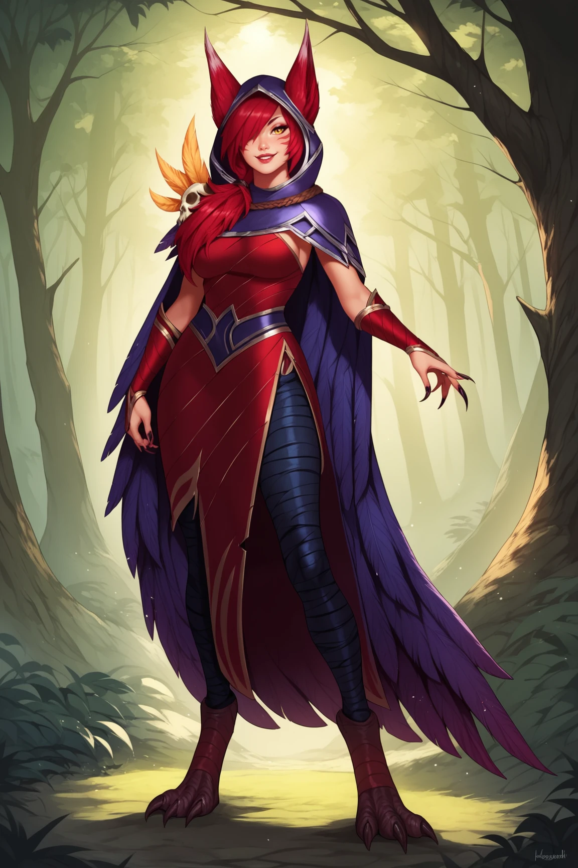 score_9, score_8_up, score_7_up, score_6_up, score_5_up, score_4_up, XayahLoLXL, facial mark, yellow eyes, red hair, long hair, bangs, hair over one eye, animal ears, ears through headwear, monster girl, medium breasts, hood up, hood, red dress, skull bird, feathers cloak, guantlets, (black badaged pants:1.1), monster bird feet, standing, dynamic pose, seductive smile, looking at viewer, forest, tree <lora:XayahLoLXL:0.8>