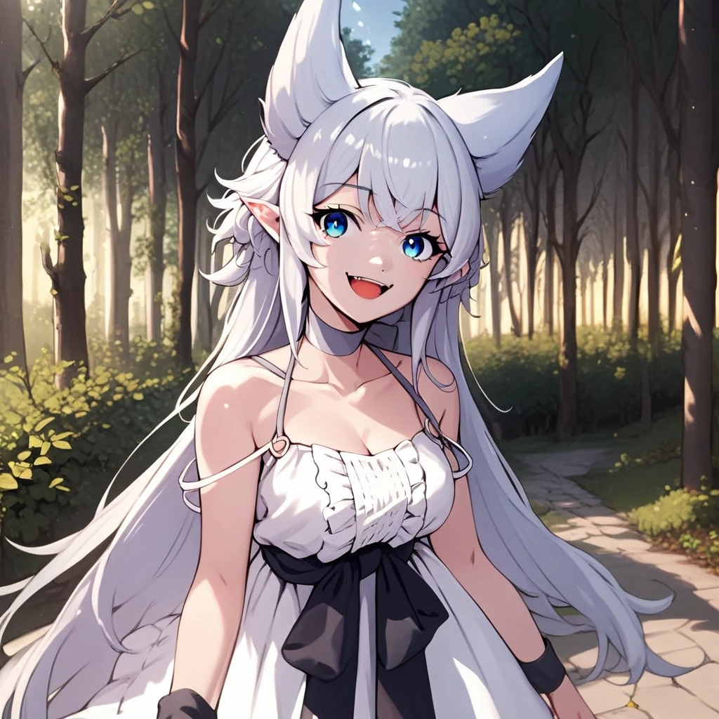 score_4, score_5, score_6, score_9, score_8_up, score_7_up, source_anime, 1girl, smile, open mouth, grey hair, very long hair, blue eyes, wolf ears, pointy ears, choker, white dress, bare shoulders, black ribbon, cleavage, strap slip, looking at viewer, standing, outdoors, tree, fine anime