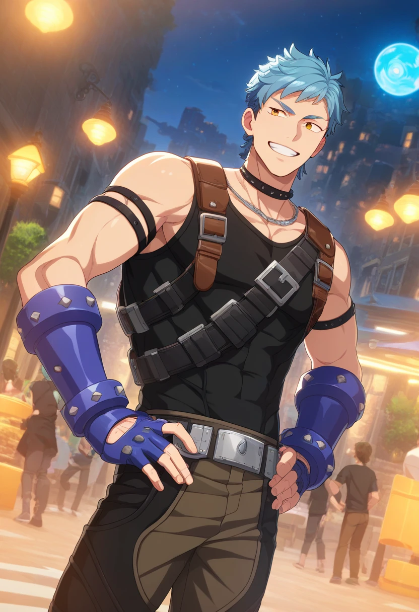 1boy, male focus,
<lora:Character_-_Helios_Rising_Heroes_-_Asch_Albright:1> asch, blue hair, orange eyes,
((zPDXL)), score_9_up, score_8_up, score_7_up, score_6_up, score_5_up, score_4_up, best quality, amazing quality, best aesthetic, absurdres, year2023, nsfw, game cg, official art, official style, anime screencap,
outdoors, city, hands on own hips, black tank top, belts, brown pants, fingerless gloves, smile,