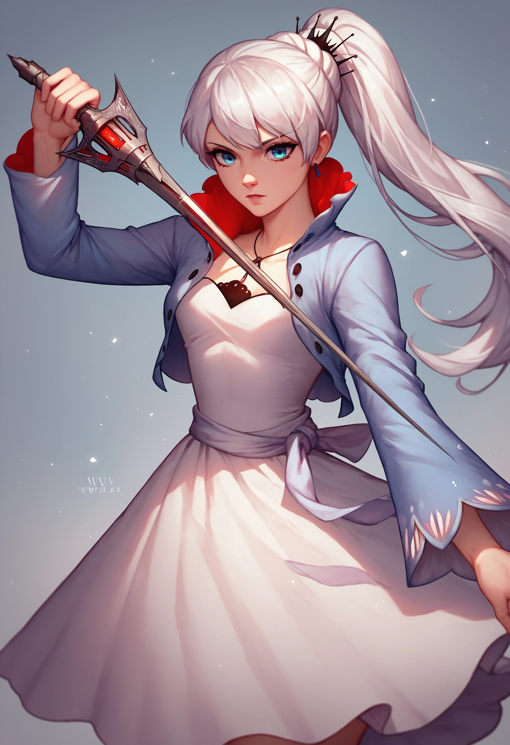 score_9_up score_8_up score_7_up, 1girl, holding sword rapier, weiss schnee, blue eyes, white hair, dress, ponytail, blue jacket, white dress
<lora:rapier_pony_ex_c12_d16:1>