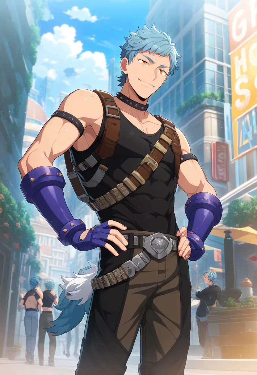 1boy, male focus,
<lora:Character_-_Helios_Rising_Heroes_-_Asch_Albright:1> asch, blue hair, orange eyes,
((zPDXL)), score_9_up, score_8_up, score_7_up, score_6_up, score_5_up, score_4_up, best quality, amazing quality, best aesthetic, absurdres, year2023, nsfw, game cg, official art, official style, anime screencap,
outdoors, city, hands on own hips, black tank top, belts, brown pants, fingerless gloves, smile,