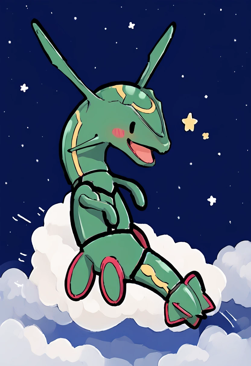 masterpiece,best quality,highly detailed,score_9,score_8_up,score_7_up,score_6_up,source anime,
BREAK
<lora:SimpleOutlinePony1.0:0.95>,outline,(solid oval eyes:1.1),blush,happy,
<lora:Rayquaza_XL:0.9>,rayquaza,motion lines,flying,starry sky,night,very long tail,cloud,