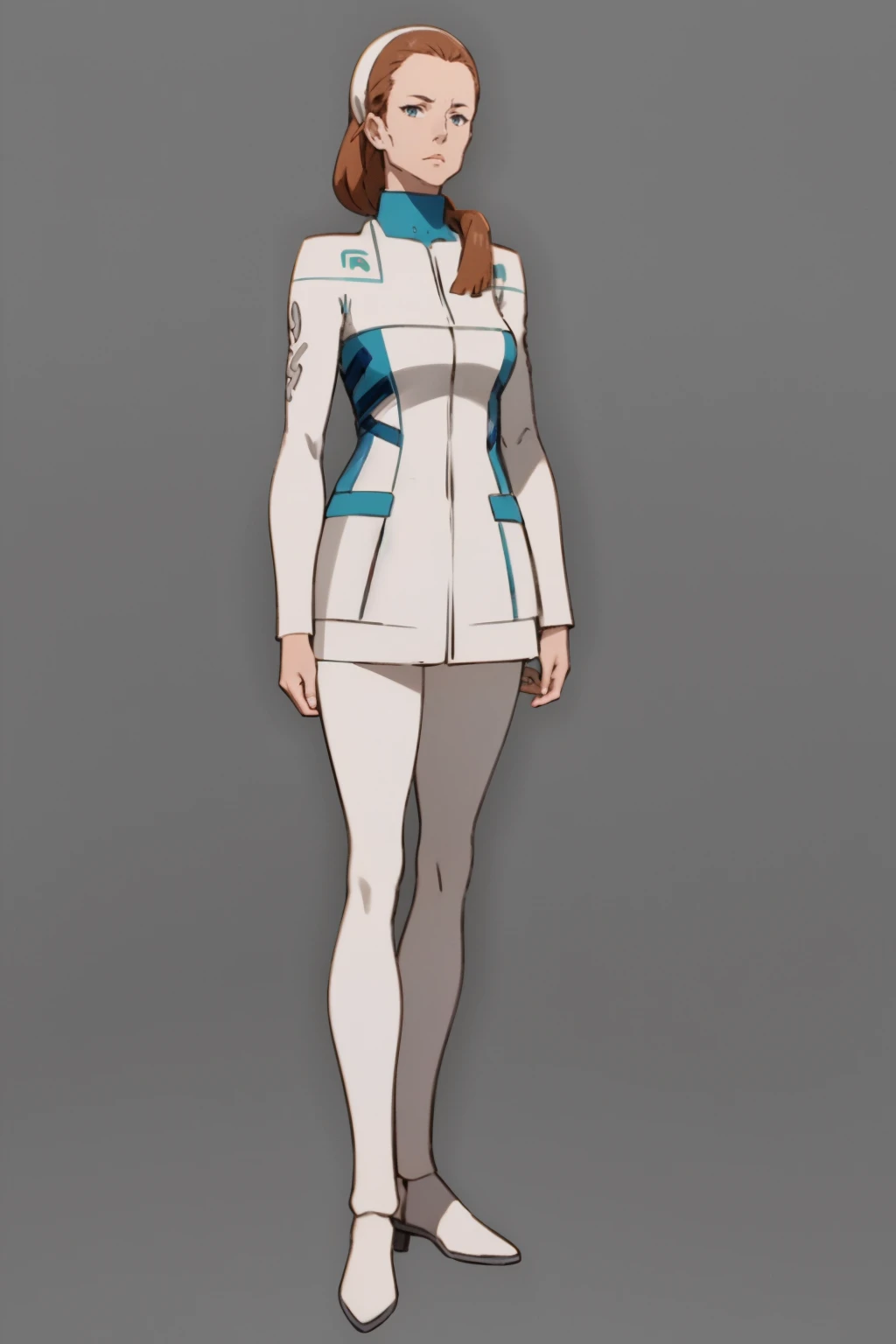 masterpiece, best quality,
1girl, wilmitzenam, brown hair, ponytail, long hair, blue eyes,
uniform, hairband, jacket, pants, white pants,
full body, standing, solo, looking at viewer, simple background <lora:WilmitZenam:1>