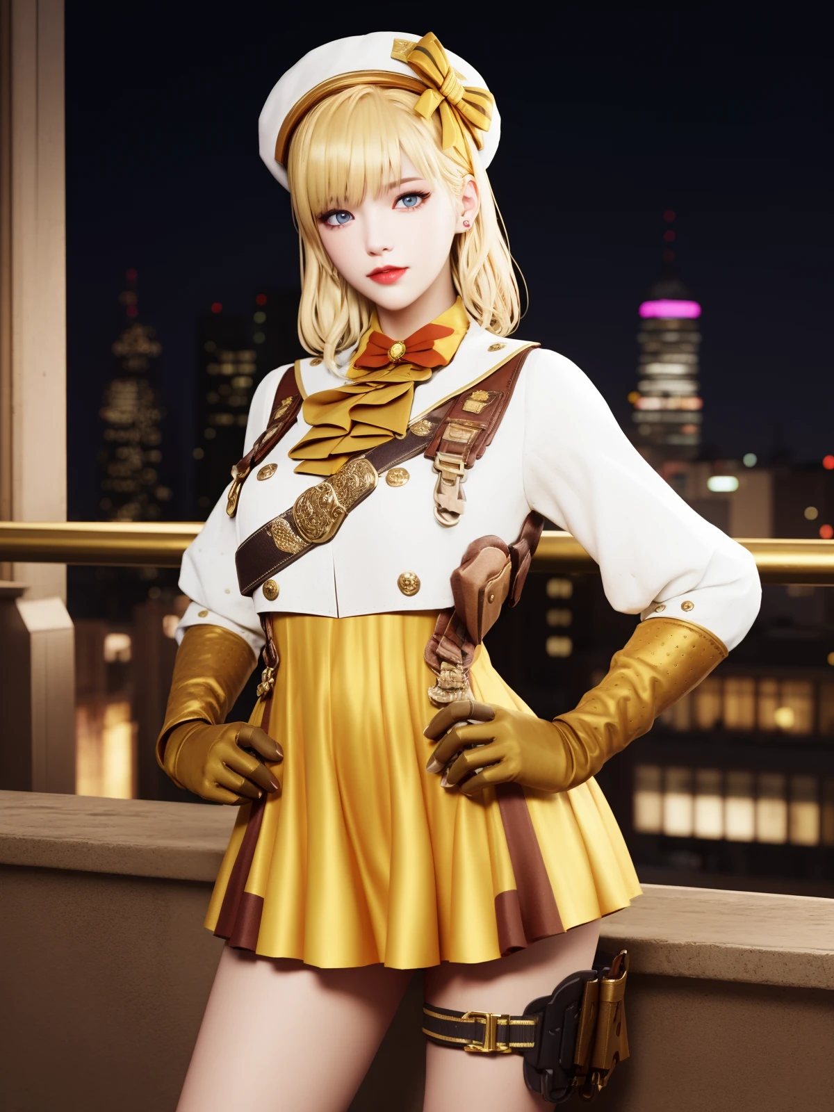 CFwangzheyunyouyouQF, 1girl, solo, blonde hair, dress, gloves, hat,holster,blue eyes, looking at viewer, beret, lips, lace-up boots, short hair,  <lora:CFwangzheyunyouyouQF:0.75>,cityscape, night, yellow skirt, white shirt,