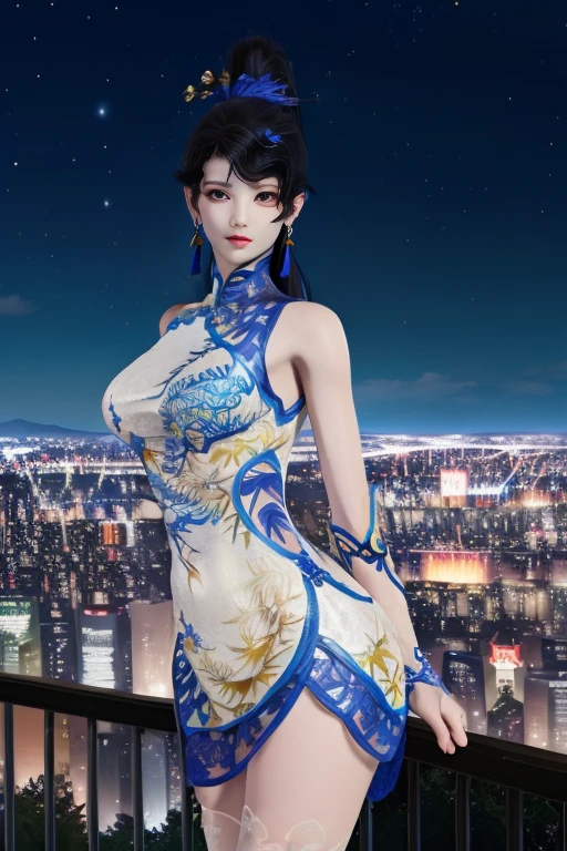 ltra-detailed,highly detailed,best quality,masterpiece,illustration,realistic,photorealistic,
yaodaoji, qinghuaci, qipao, china dress, chinese clothes, see-through thighhighs, thighhighs, sleeveless,
1girl, solo,
hair bun, ponytail, hair ornament, long hair,
jewelry, earrings,
double v, looking at viewer,
night, sky, night sky, city lights, railing, city, cityscape, star \(sky\), outdoors, starry sky,
<lora:yaodaoji_qhc_v1_08:1.0>