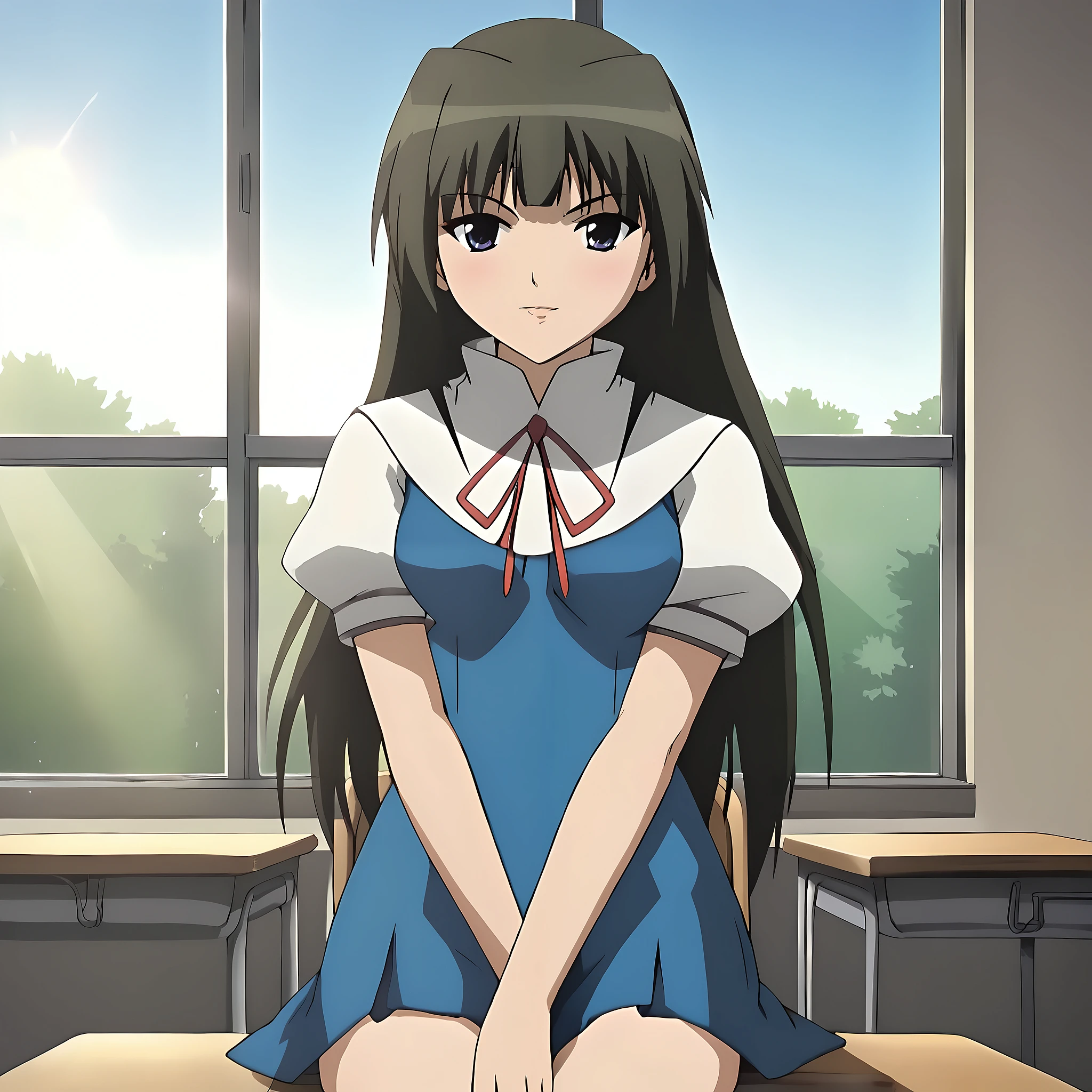 score_9, 1girl, solo, source_anime,(extremely detailed CG unity 4k wallpaper),(anime coloring),(masterpiece),(best quality),(ultra-detailed),(best illustration),(best shadow),(absurdres),(detailed background), blue sky, indoors, windows, sunlight, school, school desk, school chair, sitting, pose,   

YuriKurosu, Long hair, black hair, bangs, blunt bangs, school uniform, dress, blue dress, capelet, ribbon, red ribbon, puffy short sleeves, white sleeves,