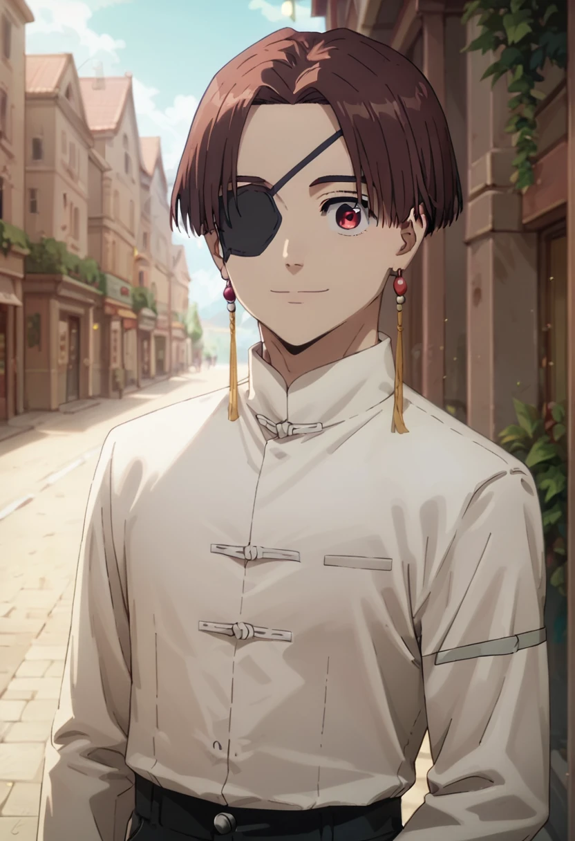 score_9, score_8_up, score_7_up, masterpiece, best quality, amazing quality, best aesthetic, ,absurdres, ,cute, solo,Hayato Suo, brown hair, red eyes, eyepatch, earrings, ((red tangzhuang, black pants))<lora:EMS-371731-EMS:1.000000>