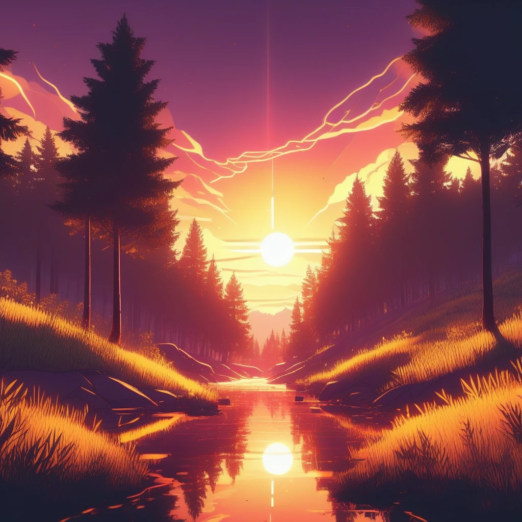 firewatch landscape, Graphic Novel, Pastel Art, Poster, Golden Hour, Electric Colors, 4k, RGB, Geometric, Volumetric, Lumen Global Illumination, Ray Tracing Reflections, Twisted Rays, Glowing Edges, RTX --raw