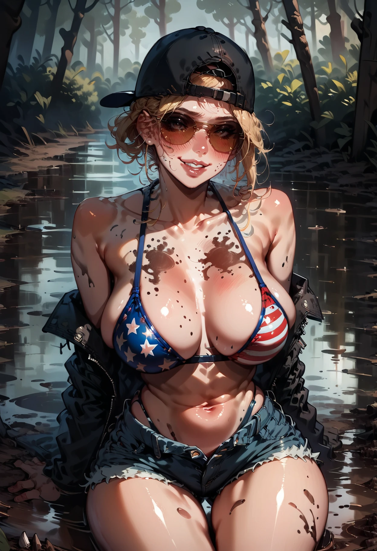 score_9, score_8_up, score_7_up,    mudg1rl, 1girl, baseball cap, backwards hat, sunglasses, american flag bikini, denim shorts, blonde,  mud, delicate and smooth skin, blush, drunk, smile, perfect body, thighs, large breasts, highly detailed, glossy lips, looking at viewer, swamp background,    <lora:Concept Art DarkSide Style LoRA_Pony XL v6:0.8> concept art,  <lora:Expressive_H:0.8> expressiveh,   <lora:Kenva:0.8> knva, halftone effect,   <lora:sinfully_stylish_SDKL:1>   <lora:mudg1rl:0.8>