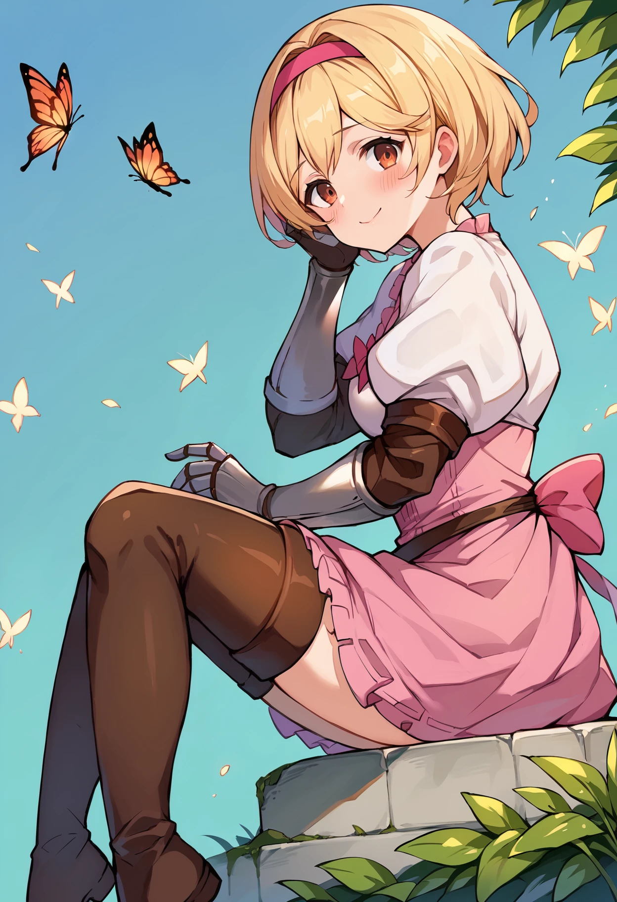 score_9, score_8_up, score_7_up, uncensored, source_anime, 1girl, <lora:spgbfDjeetaXLPony:1> djeetadef, pink hairband, dress, puffy sleeves, gauntlets, brown thighhighs, thigh boots, bug, butterfly, cowboy shot, from side, personification, blush, closed mouth, looking at viewer, sitting, smile, solo, tired