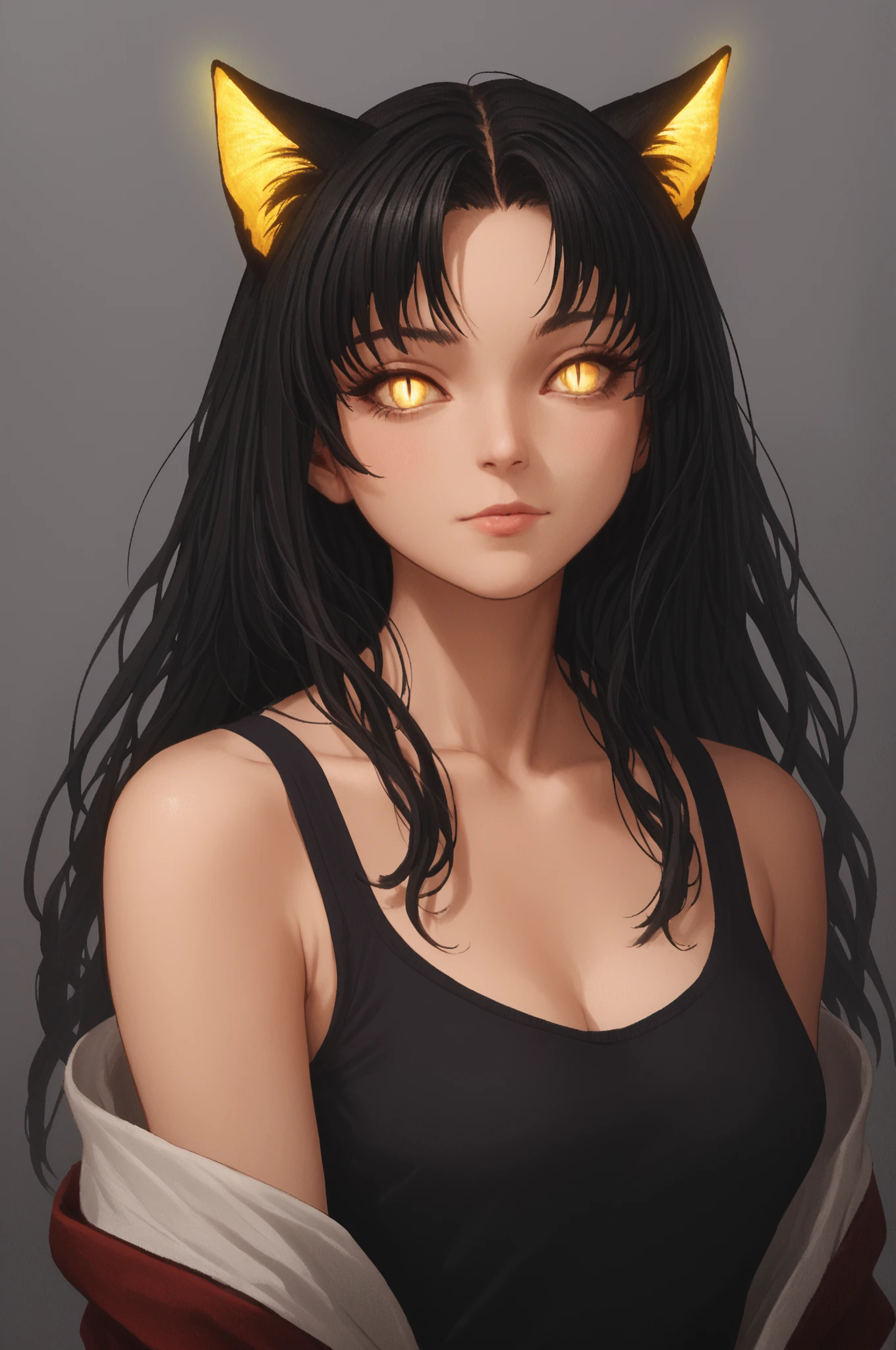 score_9, score_8_up, score_7_up, score_6_up, score_5_up, score_4_up, <lora:KashaNioh2_epoch_7:0.99> kashanioh, black hair, cleavage, cat ears, slit pupils, glowing eyes, tail, yellow eyes, tank_top, (high quality, detailed, beautiful)