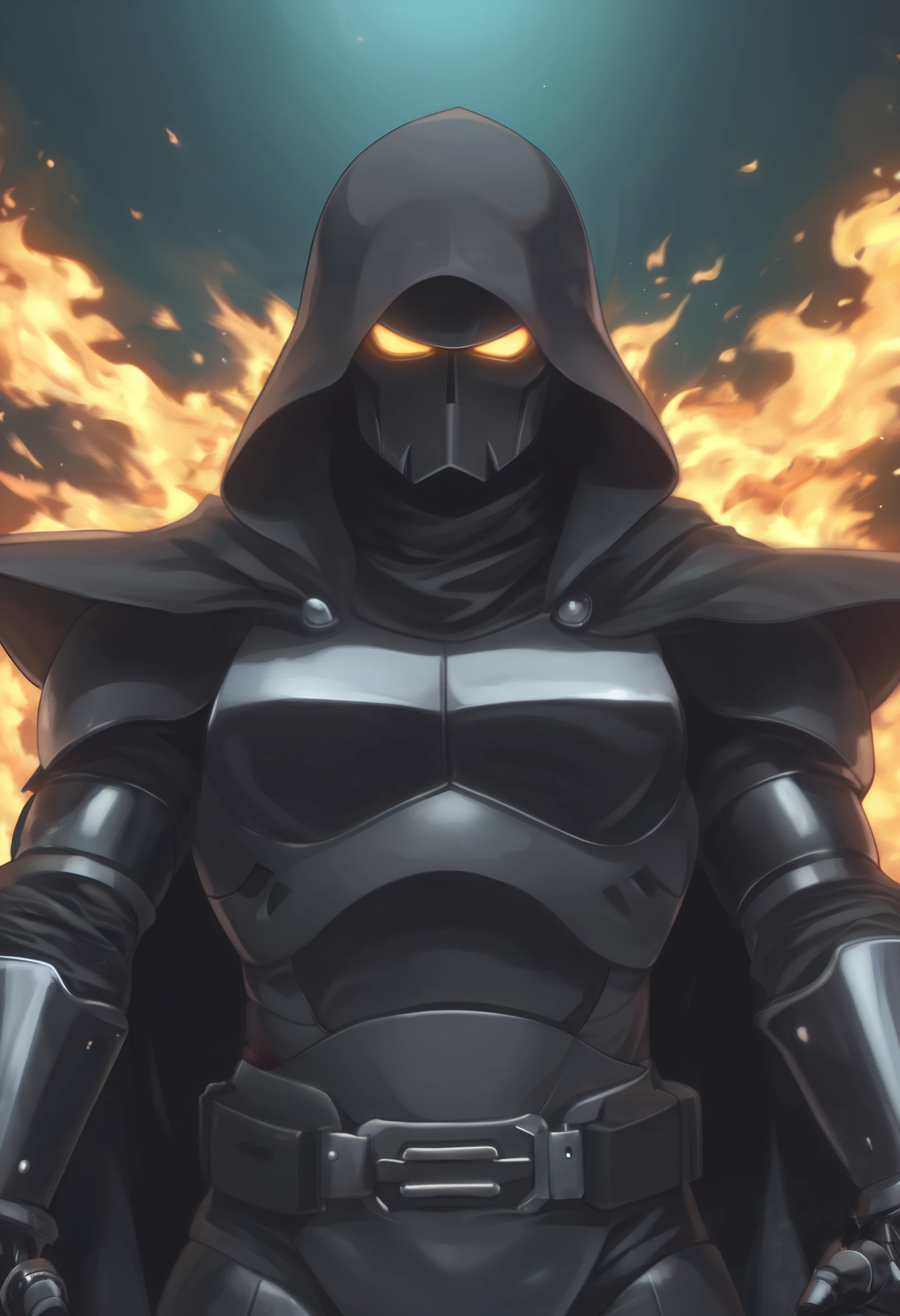 score_9, score_8_up, score_7_up, Style_Retro, Death, fire, black over black, top soft light, light environment, highly detailed, melancholic, masterpiece, (Master Shredder:1.25)