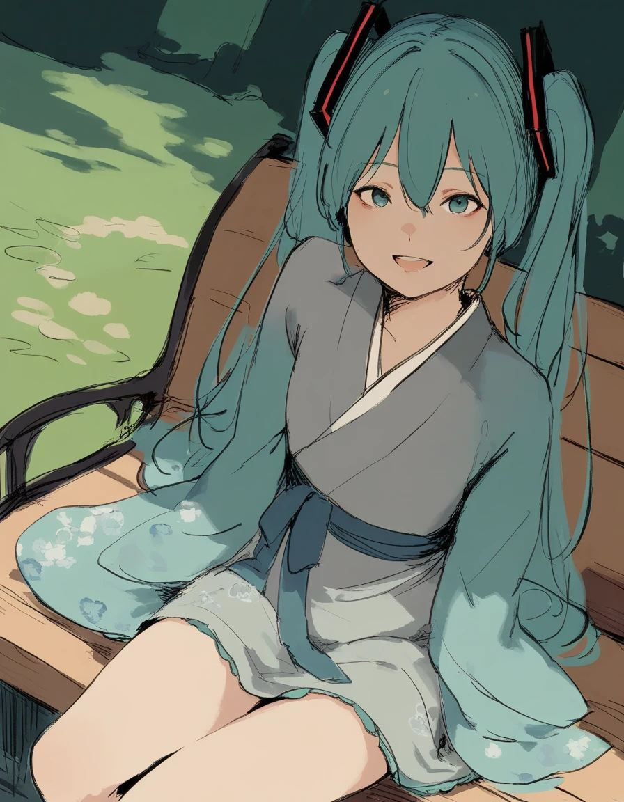 score_9, score_8_up, score_7_up, 1girl sitting in a park bench, dutch angle, smile, open mouth, hatsune miku, japanese clothes, sketch, looking at viewer, dress, floral print,
<lora:otohime_style_pony6_v1:1>