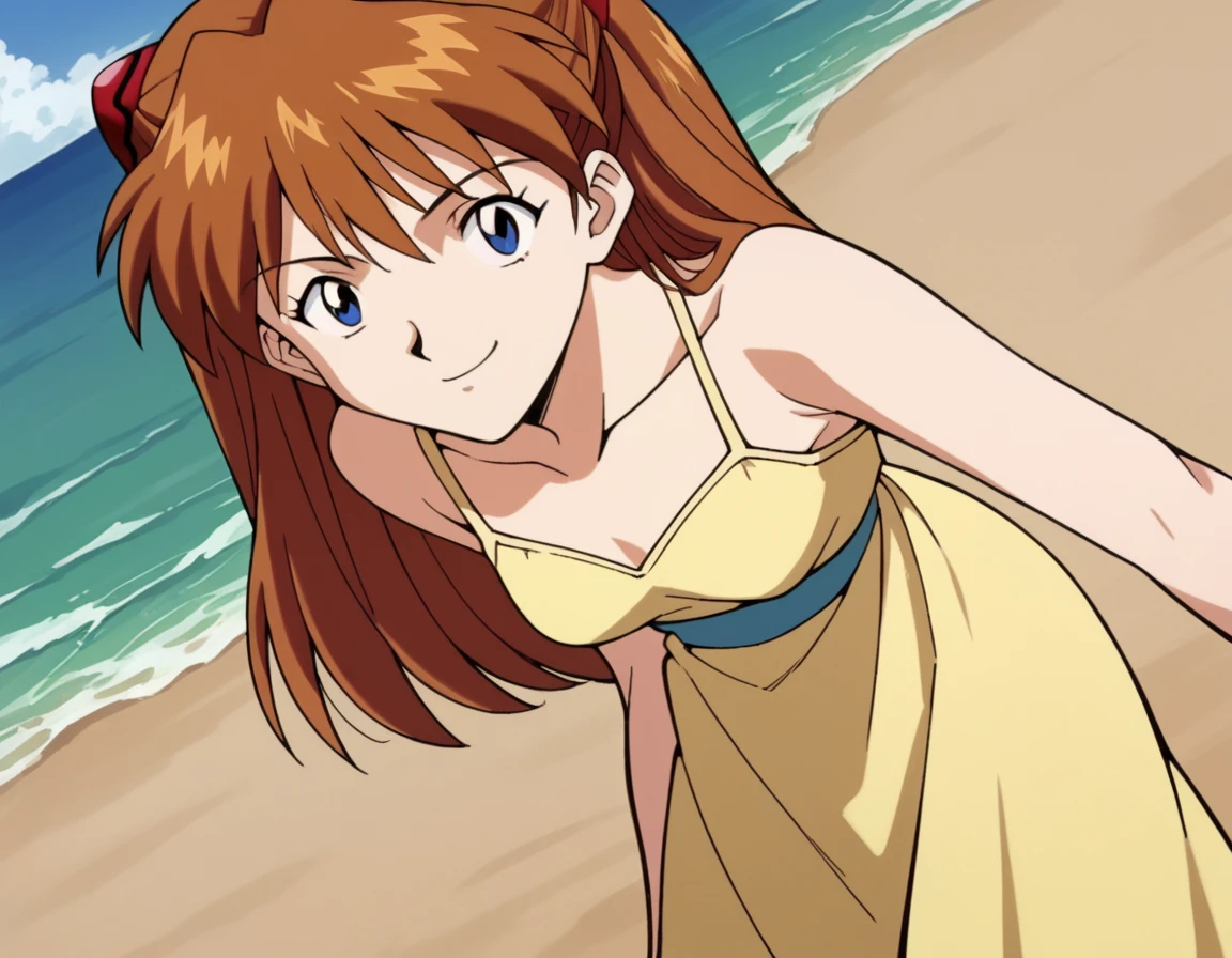 score_9, score_8_up, score_7_up, source_anime,
asuka langley soryu,  <lora:asuka-langley-soryuu-classic-ponyxl-lora-nochekaiser:1>,
asuka langley soryu, long hair, bangs, blue eyes, brown hair, hair ornament,
dress, yellow dress, sundress, collarbone, bare shoulders,
beach, bent over, smile,
cowboy shot, looking at viewer, solo, dutch angle,