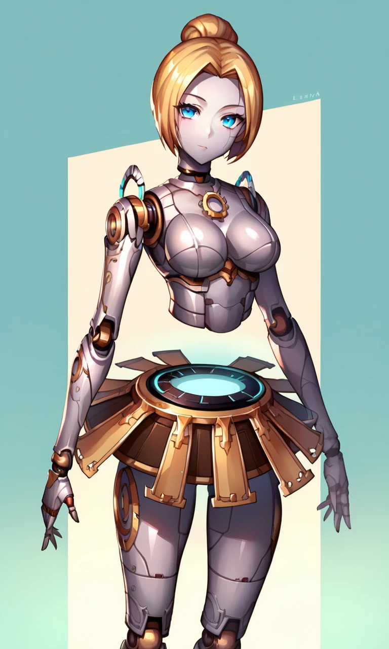 anime studio, anime artwork, anime artstyle, vibrant, score_9, score_8_up, score_7_up, source_anime, 1girl, <lora:glavakolhoza_orianna:0.7>, glavakolhoza_orianna, mechanical, robot, clockwork on back, metallic round skirt with spikes, robot joints, blue eyes, chrome shine, curvy, standing, relaxed, pose, looking at viewer, simple background