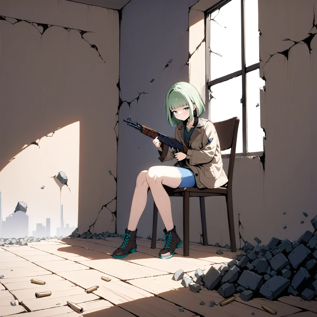 That's what V2 is for
BREAK 1girl, solo, bob cut, blunt bangs, light green hair, green eyes, brown jacket, jeans, black boots, holding rifle, AK-47, seated chair, window, [city:2], debris, wooden floor, cracked wall, holes in the wall, particle effect, bullets