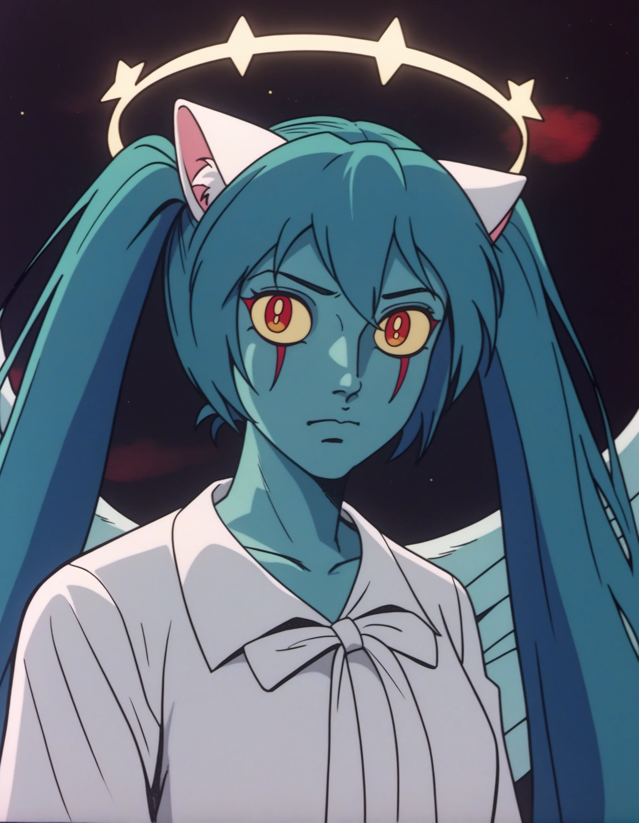 (DZVZRG:0.8), (score_9, score_8_up, score_7_up, score_6_up, source_anime:0.7), (MCDevil:1.1), solo, 1girl, catgirl, hatsune miku, long twintails, blue hair, white gown, angel, angel wings, golden halo, dark background, upper body, closed mouth, (blue skin:1.1), looking at viewer, arms behind back, blue theme, night, highres, 4k, 8k, intricate detail, cinematic lighting, amazing quality, amazing shading, soft lighting, Detailed Illustration, anime style, wallpaper, white animal ear fluff