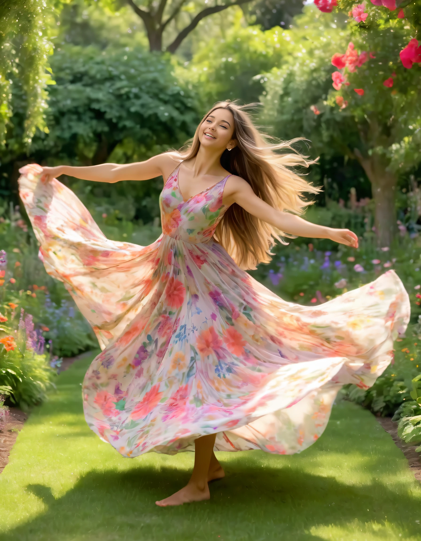 A beautiful young woman dancing gracefully in a lush, vibrant garden, sunlight filtering through the leaves and flowers, creating a joyful, magical atmosphere, her movements fluid and expressive, a serene smile on her face, her long hair flowing freely, delicate floral crown, shimmering satin dress, nature all around, birds soaring overhead, (best quality,4k,8k,highres,masterpiece:1.2),ultra-detailed,(realistic,photorealistic,photo-realistic:1.37),intricate detail,vibrant colors,warm lighting,natural setting,serene,whimsical,impressionistic,cinematic composition