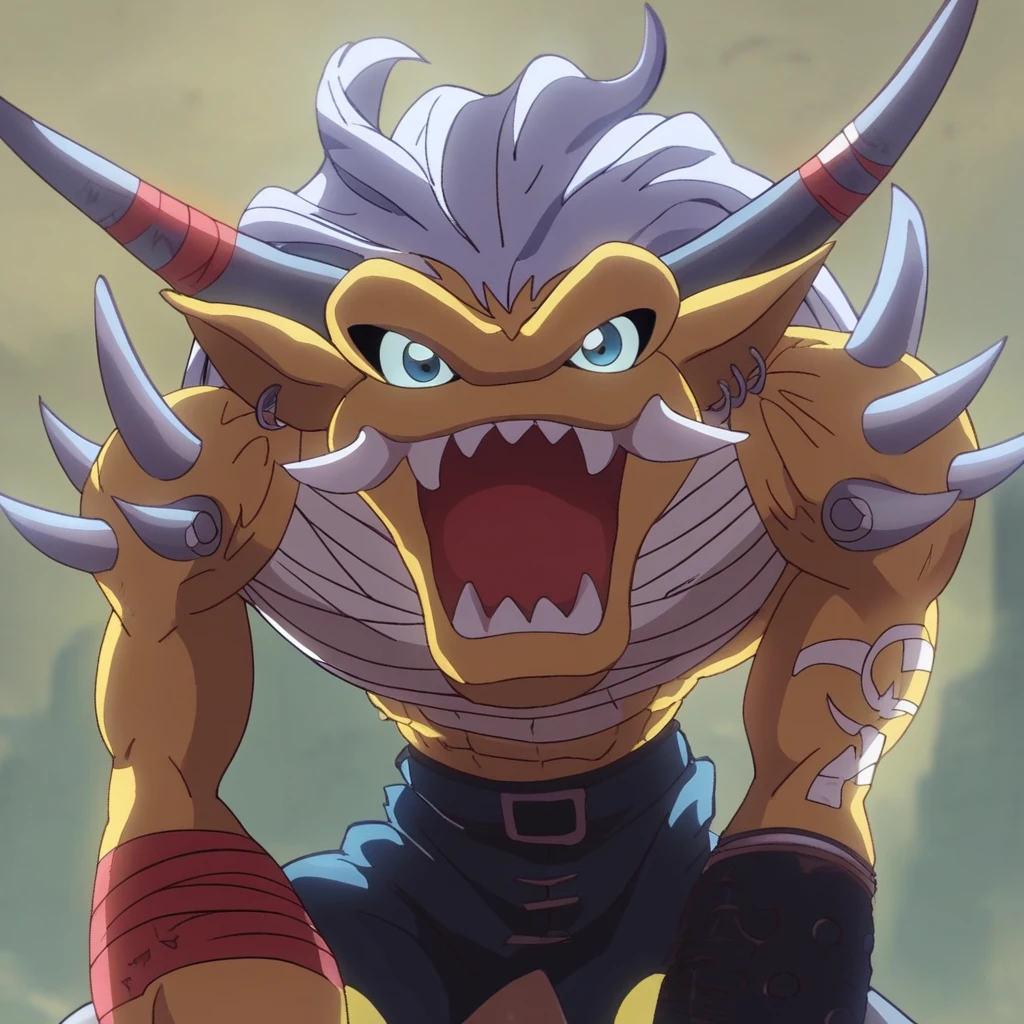 score_9, score_8_up BREAK Ogremon, digimon (creature), muscular male, large muscles, 1boy, solo, long white hair, spikes, tattoo, bracelets, bandages, loincloth, looking at viewer, open mouth, teeth