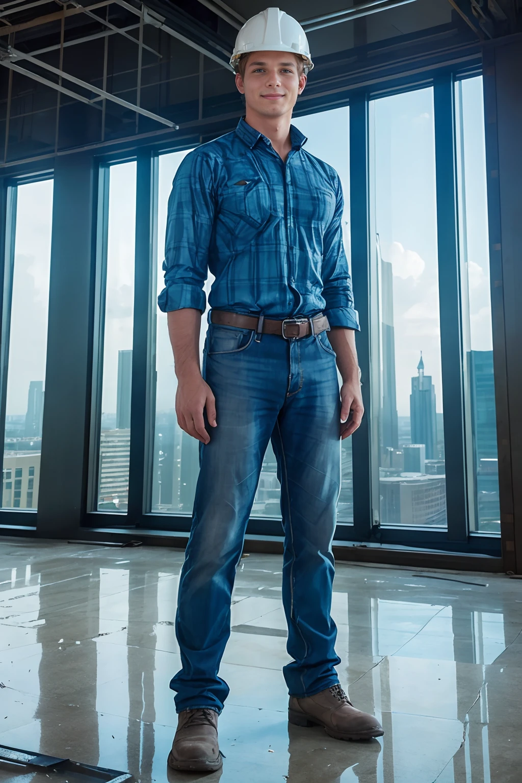 inside skyscraper under construction, glass, unfinished interior, construction materials, smiling, ClarkEckhart is an engineer, wearing long sleeve dress shirt, (rolled up sleeves:1.3), blue jeans, work boots, wearing (construction hard hat:1.2), ((full body portrait)), wide angle <lora:ClarkEckhart:0.8>
