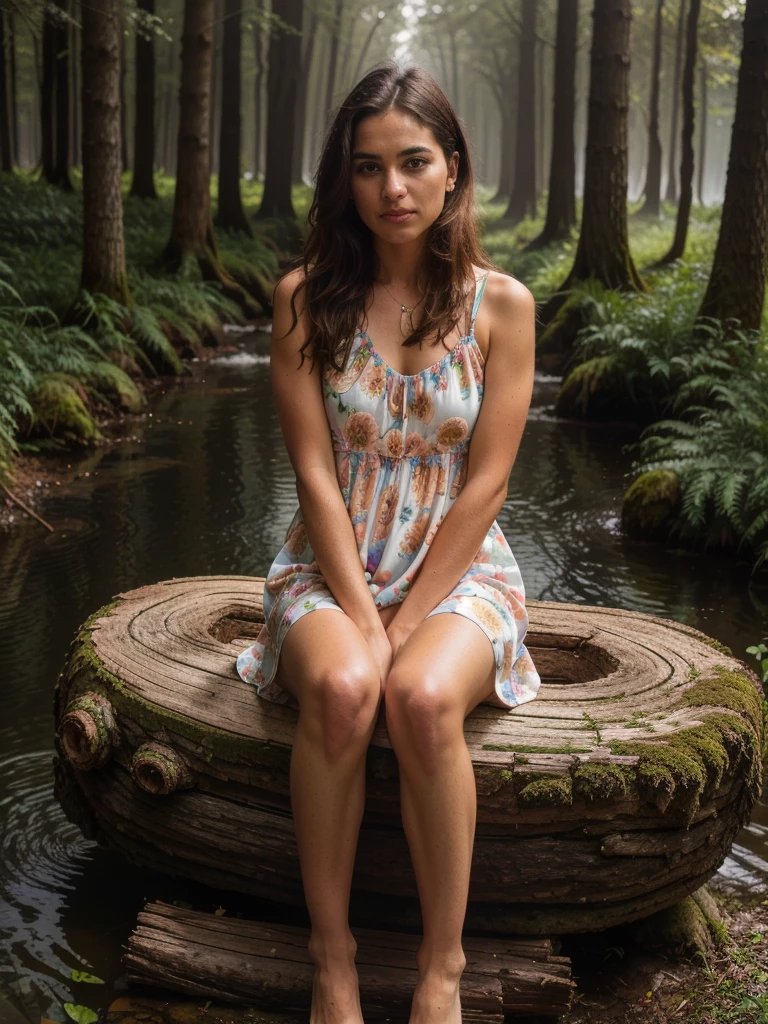 tv_Bella_Simpson_MXAI  , calm expression, wearing a colorful sundress, sitting on a log at a misty forest pond, golden hour, shot from the side, PA7_Portrait-FL, (((Ultra-HD-details, Ultra-HD-detailed, Ultra-HD-realistic, Ultra-HD-photo-same-realistic-quality-details))), 8k uhd, dslr, soft lighting, high quality, film grain, Fujifilm XT3