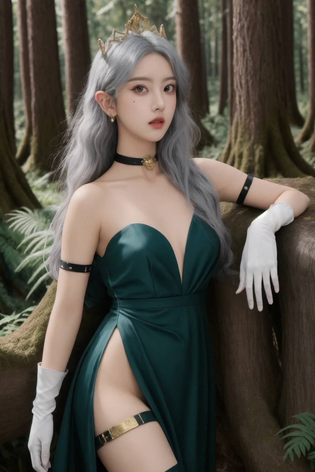 1girl, high quality, looking at viewer, in forest, cowboy shot, gown, mole_on_nose, shiny skin, elf_ears, silver hair, gold trim, mini crown, elbow gloves, thigh strap, choker,
<lora:ip-adapter-faceid-plusv2_sd15_lora:0.63> <lora:yE_v1:0.5>