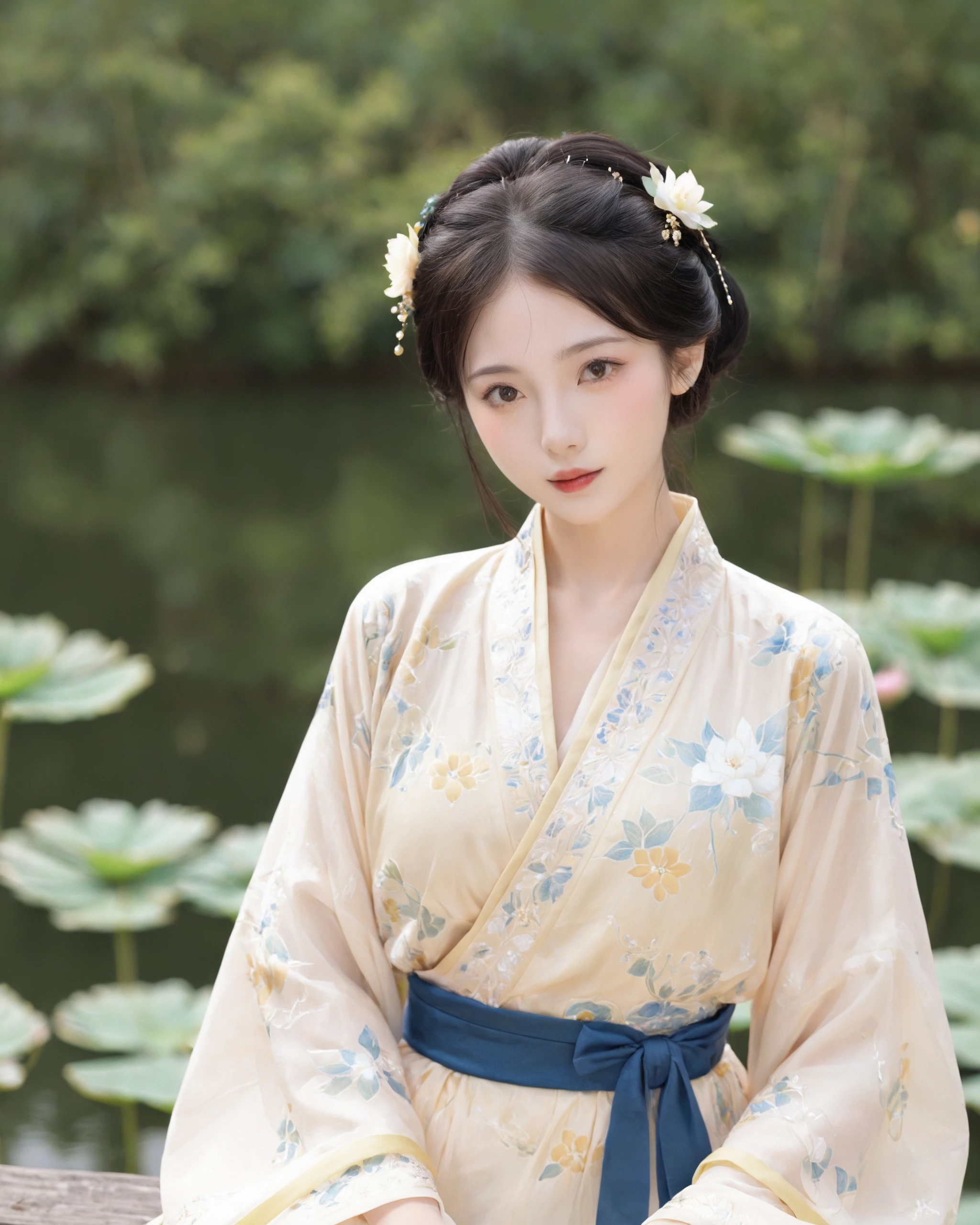 Score_9, Score_8_up, Score_7_up,a young woman dressed in traditional Chinese attire, known as a hanfu. She has black hair styled in an updo with a hair ornament featuring a yellow flower. She is wearing a light-colored dress adorned with floral patterns and a blue sash. The background is blurry, but it appears to be a serene setting with lotus flowers, suggesting a pond or a lake. The woman is gazing directly at the viewer,