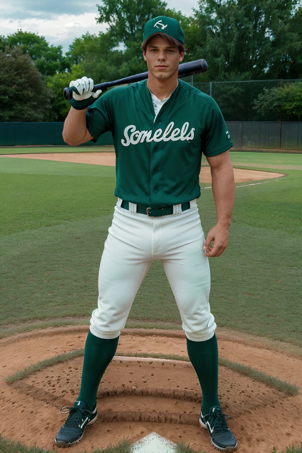 outdoor baseball field, standing in the grass, ClarkEckhart is a baseballplayer, wearing dark green baseball uniform, dark green jersey, (white pants), (dark green socks), dark green baseball cap, baseball mitt, (((full body portrait))), wide angle <lora:ClarkEckhart:0.8> <lora:Clothing - Sexy Baseball Player:0.65>