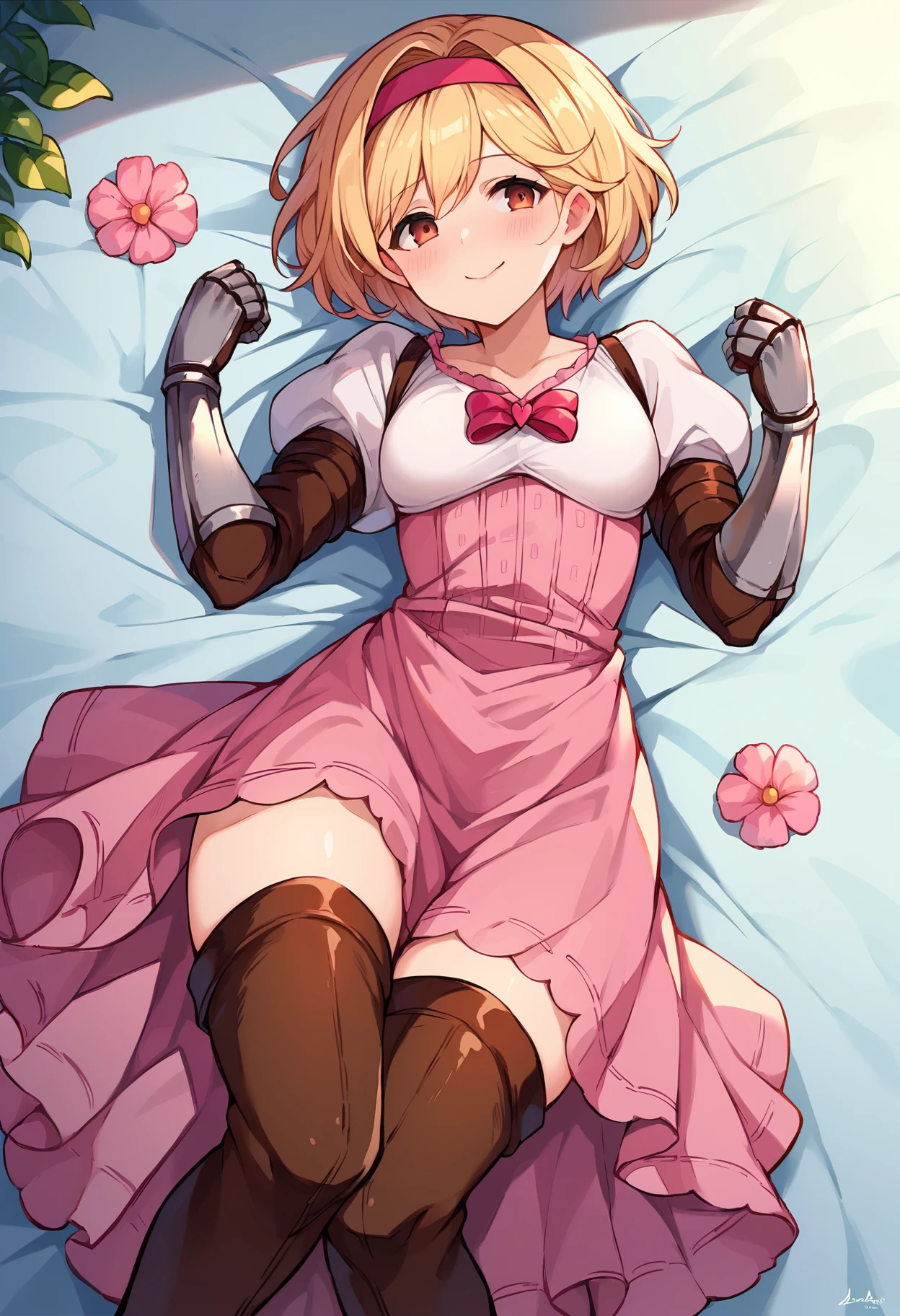 score_9, score_8_up, score_7_up, uncensored, source_anime, 1girl, <lora:spgbfDjeetaXLPony:1> djeetadef, pink hairband, dress, puffy sleeves, gauntlets, brown thighhighs, thigh boots, sheath, flower, groin, closed mouth, looking at viewer, looking to the side, lying, on back, smile, solo, sleepy
