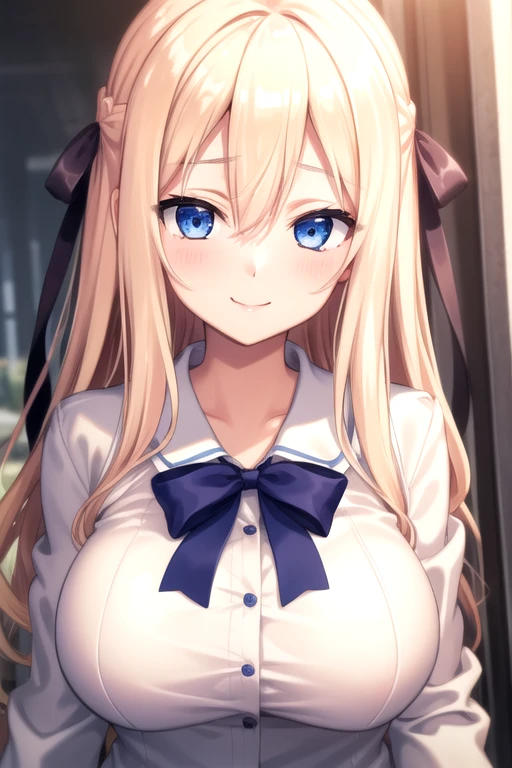 ((masterpiece)),(best quality),official art,extremely delicate and beautiful,extremely detailed CG,unity 8k wallpaper,ultra detailed,beautiful detailed eyes,extremely detailed face,outdoors,1girl,solo,upper body,(portrait:1.5),looking at viewer,facing viewer,smile,Kujou Alice,very long hair,blonde hair,hair ribbon,black ribbon,sidelocks,hair between eyes,bangs,blue eyes,school uniform,blue bowtie,white jacket,white sailor collar,huge breasts,long sleeves,miniskirt,white skirt,pleated skirt,black thighhighs,zettai ryouiki,loafers,brown footwear,<lora:Kujou Alice(aamss):0.8>,