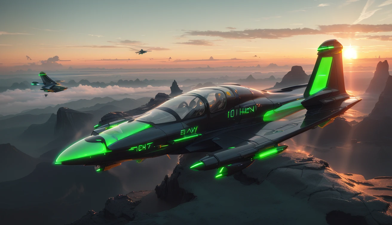 sci-fi, futuristic small black and green airplanes in the sunset sky, sci-fi shape, super gloss material, neon light, mist, wide view
