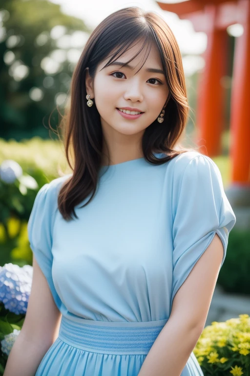 1girl,(RAW photo, best quality), (realistic, photo-realistic:1.4), masterpiece, an extremely delicate and beautiful, extremely detailed, 2k wallpaper, Amazing, finely detail, extremely detailed CG unity 8k wallpaper, ultra-detailed, highres, soft light, beautiful detailed girl, extremely detailed eyes and face, beautiful detailed nose, beautiful detailed eyes,cinematic lighting,perfect anatomy,slender body
wearing a blue peplum dress,blue skirt,(bokeh:1.2)
at a shrine,torii gate,tall stone stairs,(hydrangea flowers),cloudy
<lora:hasegawakasumi_lora:0.7>smile,