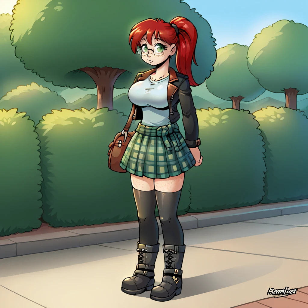 score_9, woman, solo, park,<lora:Kamitora_Artist_Style_-_PonyXL:0.8> kamitora, standing, adult, <lora:Bandi_XL:0.75> bandi, red hair, glasses, freckles, ponytail, side bangs, side_locks, sidelocks, green eyes, large breasts, tartan skirt, jacket, shirt, shoulder bag, boots, long black socks, thighhighs