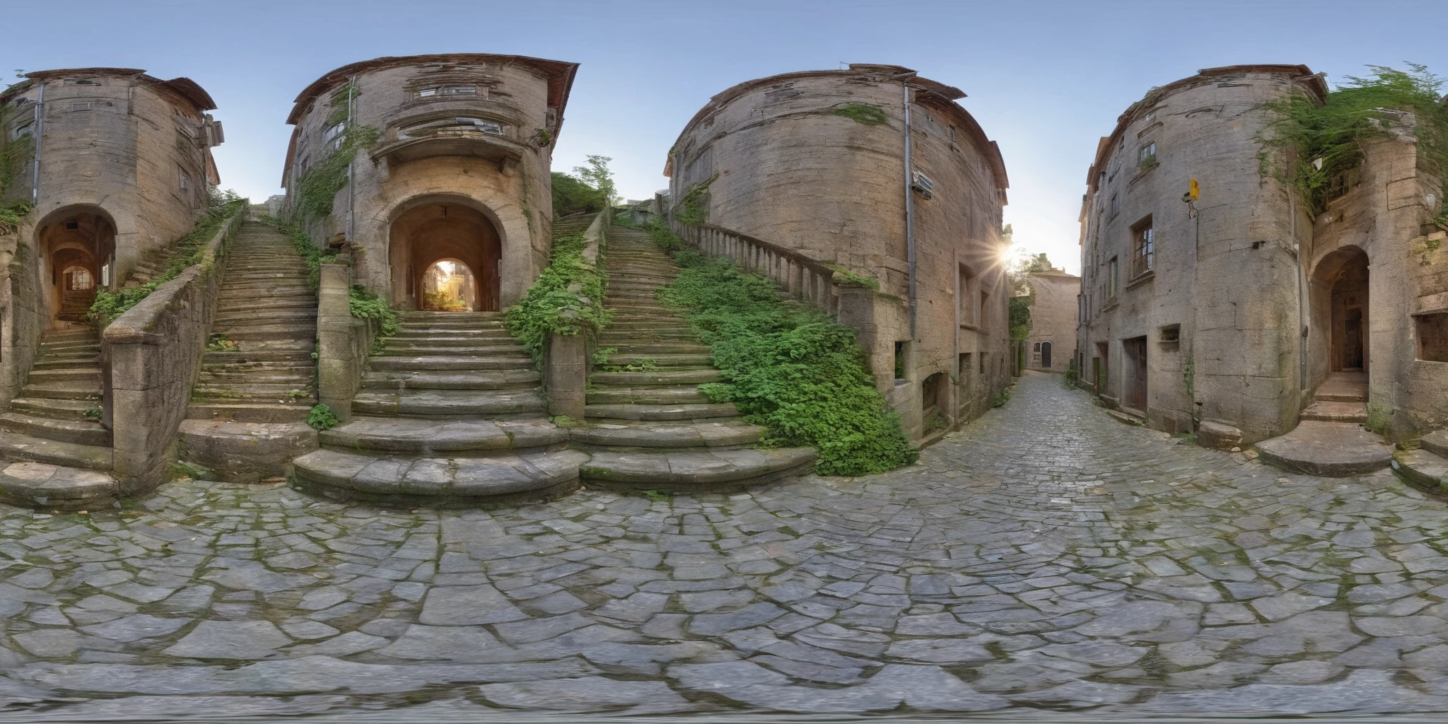 360panorama,Staircase leading to a building,Ascending,Early morning deserted,Weathered stone steps historical architecture,Golden hour light,Non-applicable,Realistic with a touch of nostalgia,Digital art,Architectural Illustration,Warm tones with hints of green from surrounding foliage,3D CGI,4K resolution,<lora:HMSG360è¡éXL-000006:1>,