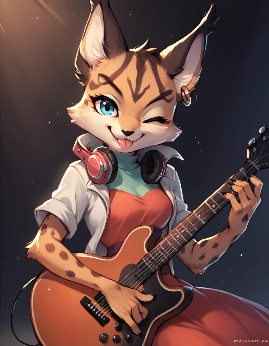 score_9, score_8_up, score_7_up, score_6_up, score_5_up, score_4_up, <lora:Miyu_Swift_v2:1> miyu swift,smile,tongue out,headphones,one eye closed,musical instrument,clothed,clothing,solo,dress,string instrument,electronics,guitar,plucked string instrument,