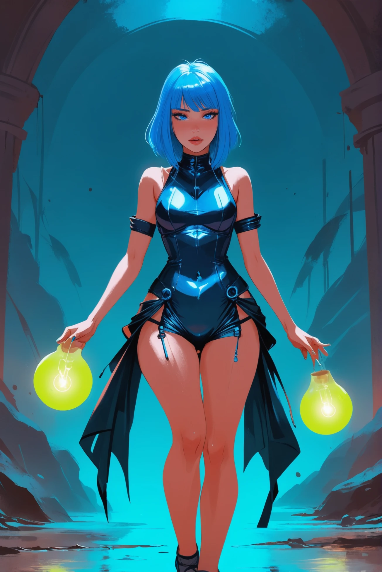 digital painting, subterranean scifi hamlet beyond the end of the multiverse,1girl, woman, spiritualist, creative costume design, bombshell hair, sparkling neon color:lightsteelblue hair, hime cut, muted mediumslateblue clothes, athletic hourglass figure, caucasian<lora:EnvyStarlightStylized02:1>