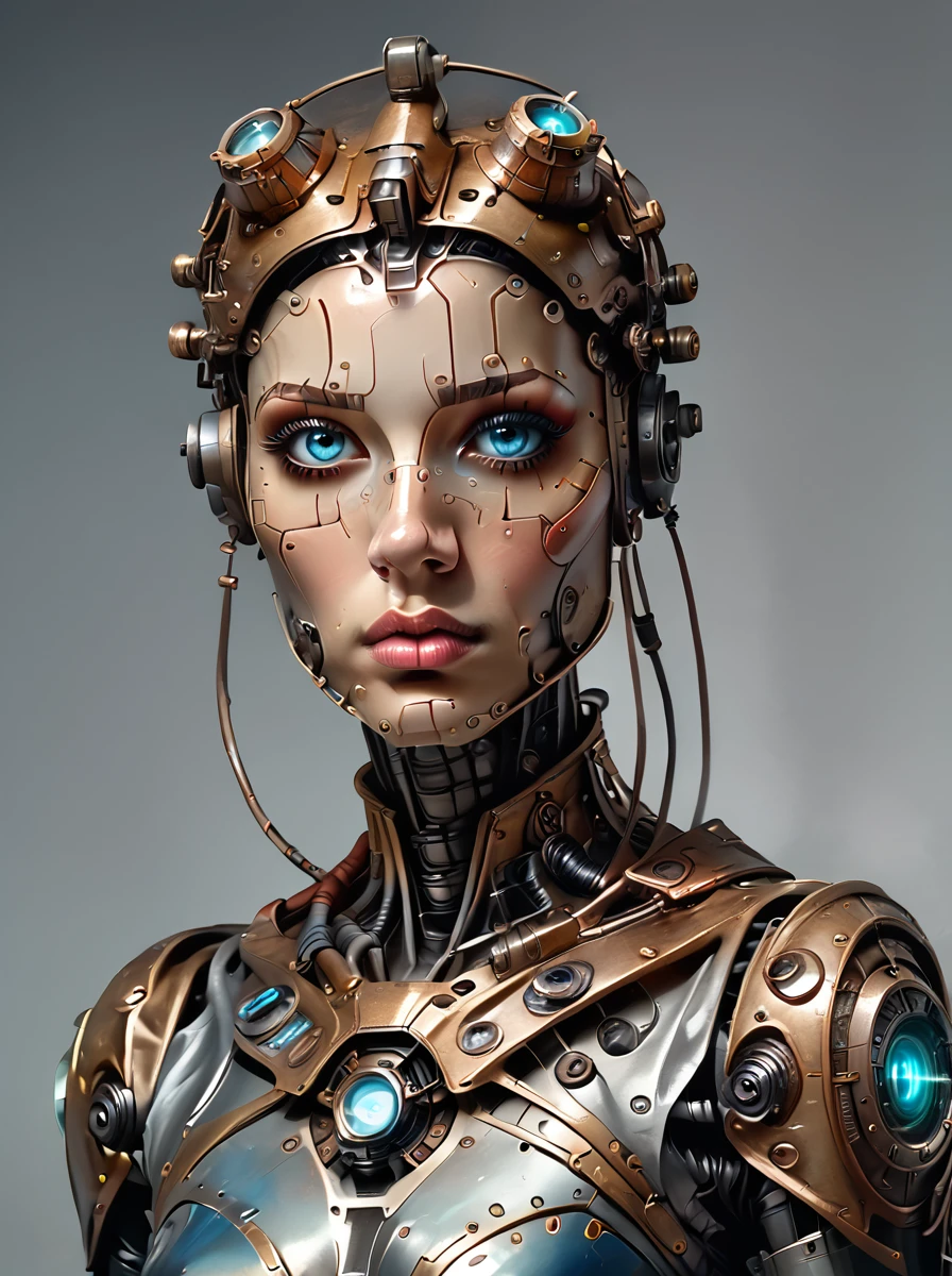 score_9, score_8_up, score_7_up,BREAK overalldetail, <lora:steampunk:0.8>,
steampunk,automaton,, 1girl, solo, science fiction, realistic, blue eyes, lips, looking at viewer, armor, robot, upper body,