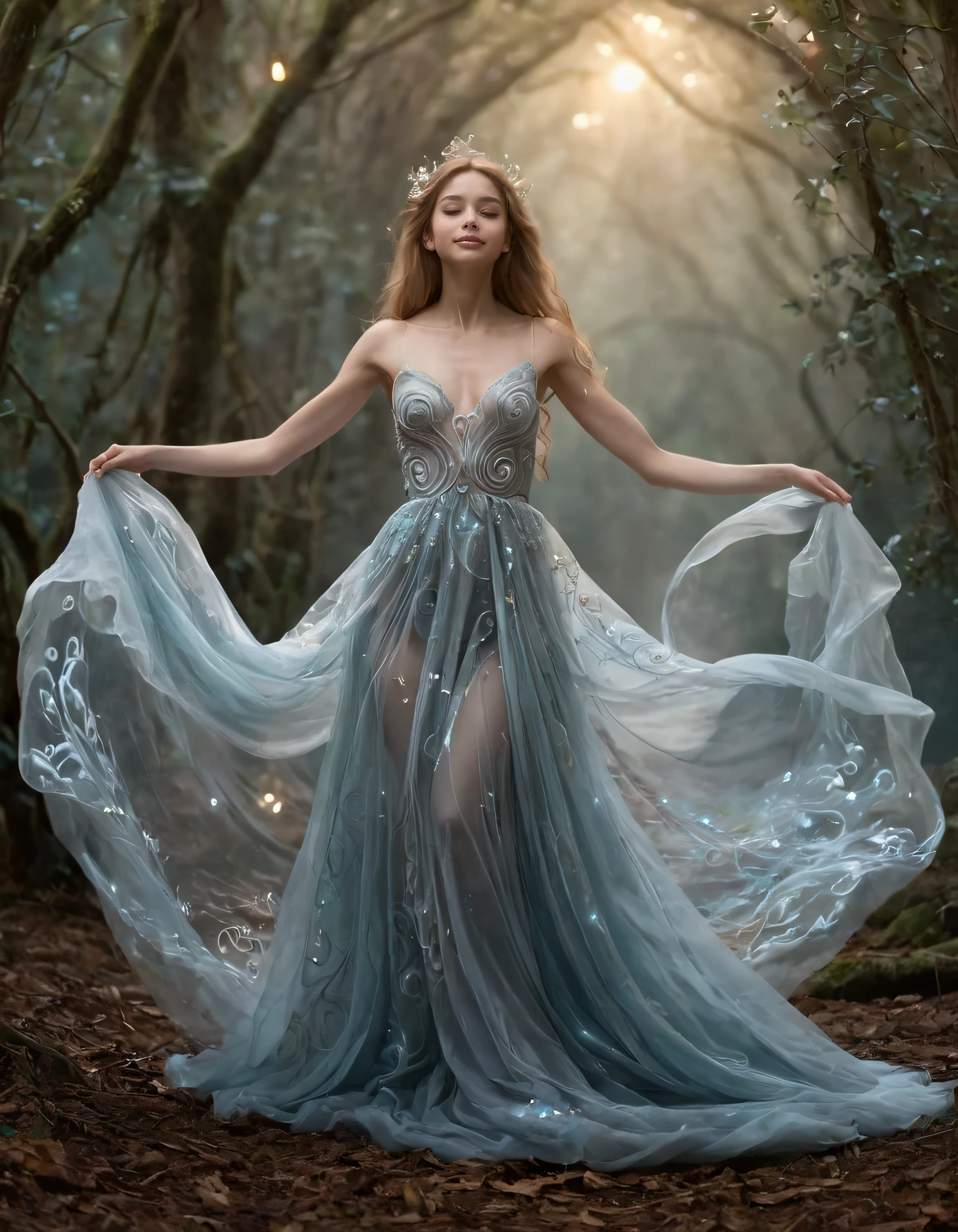 Within the fantastical fairytale realm, Ari captures an enchanting woman who embodies both grace and magic as she models her mystically-infused gown, which swirls around her ethereal elegance, highlighting timeless beauty, spirit, and a symbolic connection to the mysterious world of myth. <lora:itgiou18f9c870704va00:1>