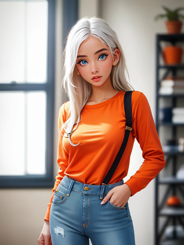 Realistic photo of a beautiful 3k4t3r1n4s woman,1girl, solo, long hair, looking at viewer, blue eyes, white hair, shirt, long sleeves, standing, upper body, parted lips, pants, indoors, blurry, lips, head tilt, depth of field, blurry background, denim, jeans, realistic, nose, overalls, orange shirt, professional Photography, Photorealistic, detailed, RAW, analog, sharp focus, high quality, film grain,<lora:3k4t3r1n4s:1.0>