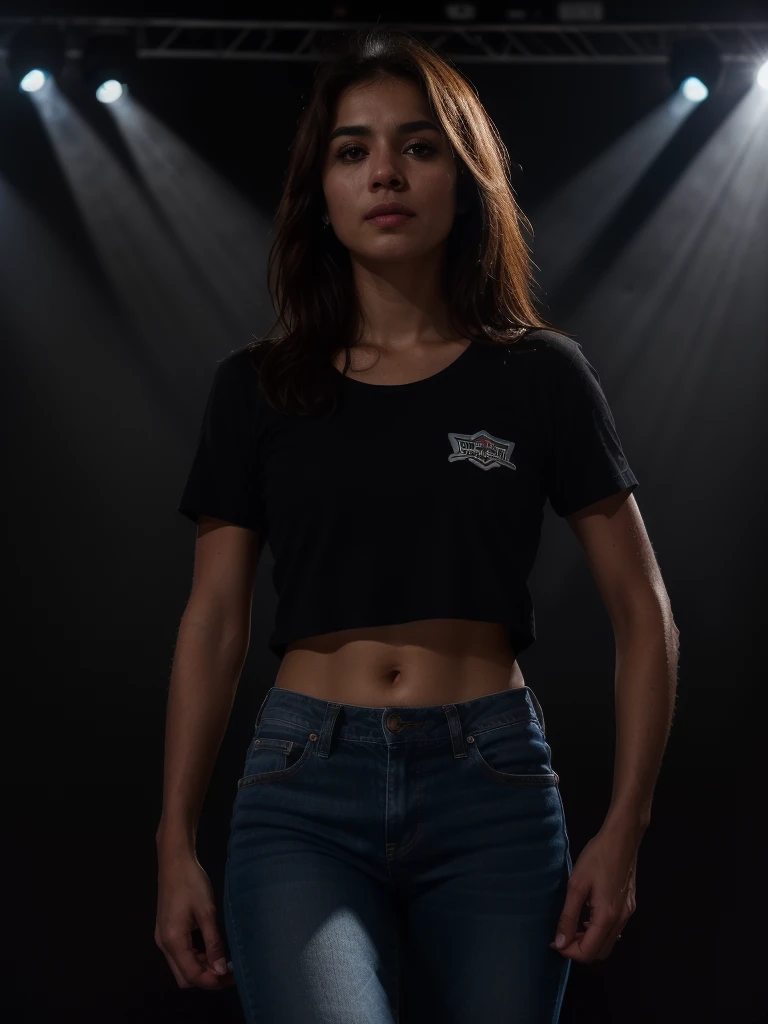 tv_Bella_Simpson_MXAI  , intense expression, wearing jeans and a t-shirt, standing on the stage at a crowded rock concert, spotlights, god rays, smoky interior,, (((Ultra-HD-details, Ultra-HD-detailed, Ultra-HD-realistic, Ultra-HD-photo-same-realistic-quality-details))), 8k uhd, dslr, soft lighting, high quality, film grain, Fujifilm XT3