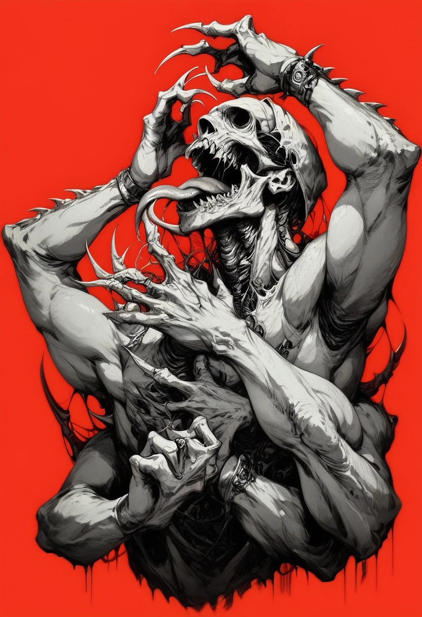 (score_9, score_8_up), score_7_up, zPDXL, open mouth, simple background, monochrome, teeth, tongue, no humans, sharp teeth, red background, monster, no eyes, extra arms, horror (theme)<lora:GRIM_v1:1>