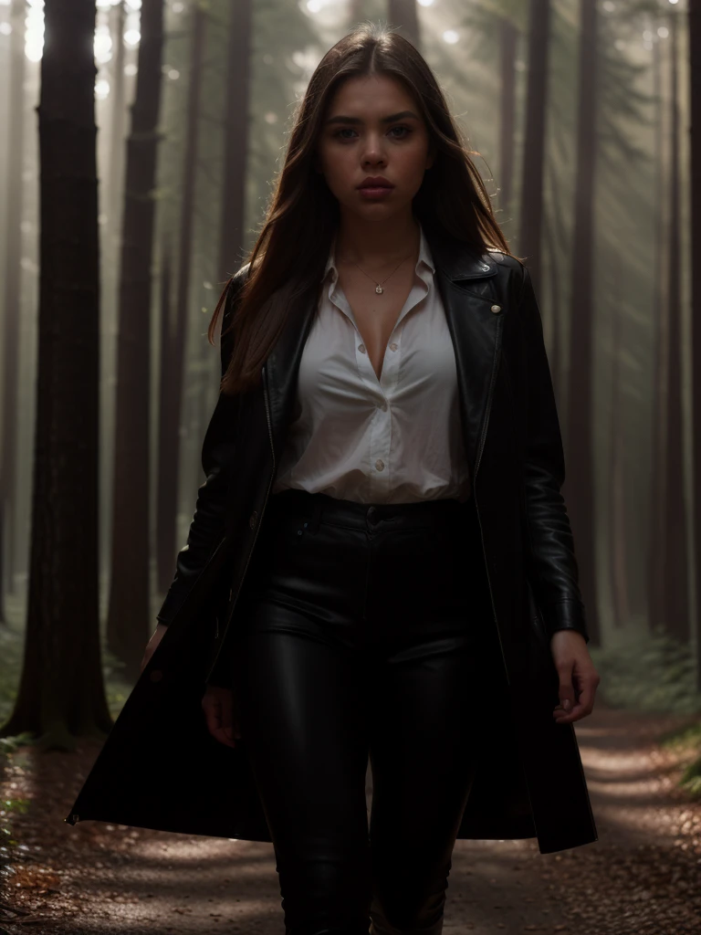 tv_Maria_Jones_MXAI walking through the woods, wearing a leather duster, wearing leather pants, wearing a white shirt, wearing black boots, walking towards the camera, golden hour, god rays, (((Ultra-HD-details, Ultra-HD-detailed, Ultra-HD-realistic, Ultra-HD-photo-same-realistic-quality-details))), 8k uhd, dslr, soft lighting, high quality, film grain, Fujifilm XT3