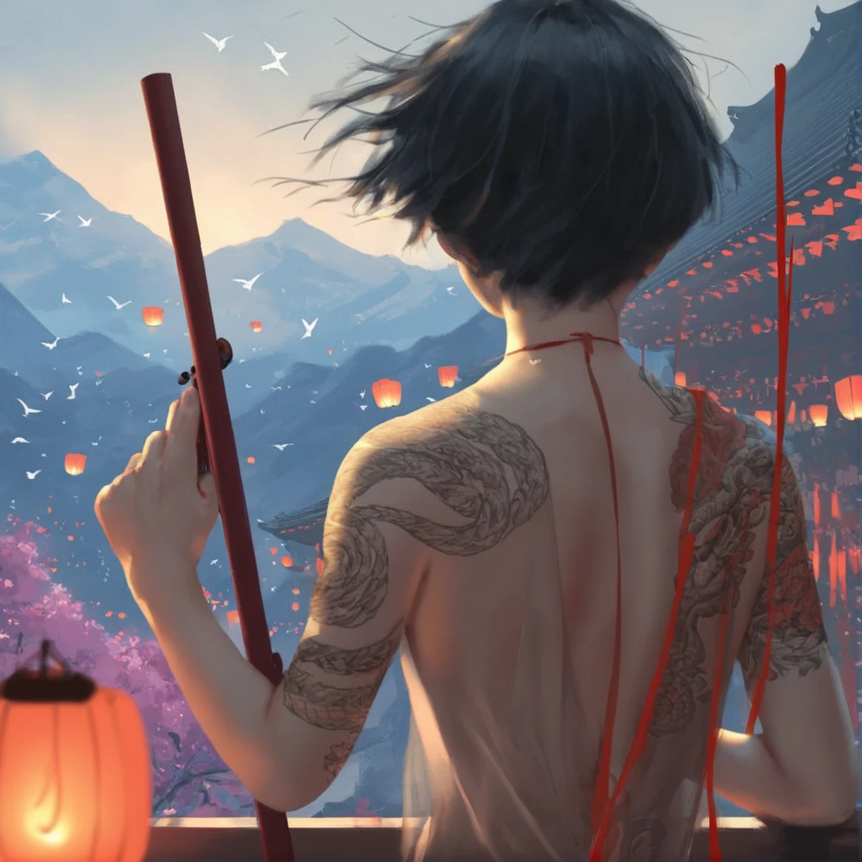<lora:Wlop_Style_v2_PonyXL:0.8> wlop, by wlop, score_9, score_8_up, score_7_up, source_anime, rating_explicit, 1girl, architecture, arm tattoo, bird, black hair, dragon tattoo, east asian architecture, facing away, flute, from behind, highres, instrument, lantern, mountainous horizon, music, playing instrument, see-through, short hair, shoulder tattoo, solo, tattoo, wind
