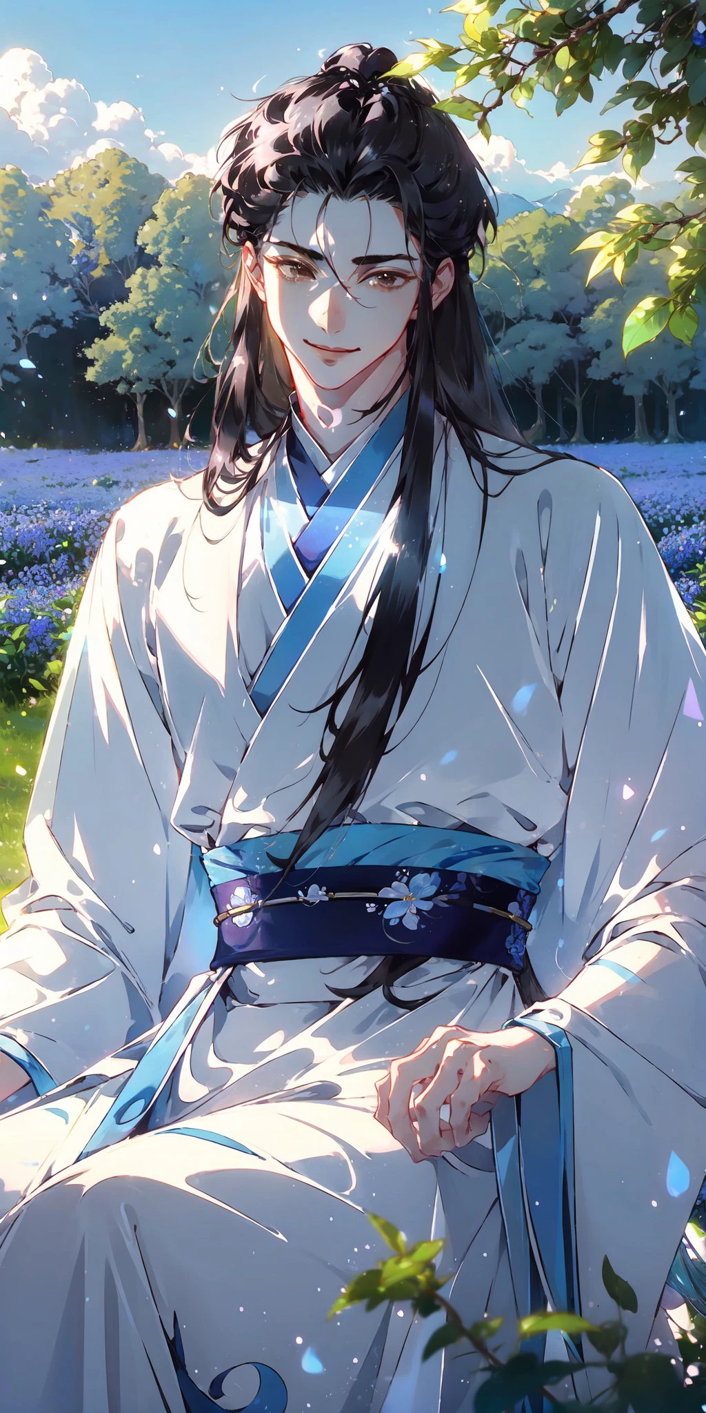 (half body) (masterpiece), best quality, expressive brown eyes, long eyelashes, perfect face male face, 1boy, long hair, ebony black hair, long hair, separated hair, bangs pinned back, sweet smile, wearing a white hanfu, Chinese clothes,  in a beuatiful flower field, with blue sky, greentrees, brushes, blue flowers, natural light, 1boy, white hanfu, forehead ribbon, long hair, brown eyes, Lan xichen, loraeyes, taoist, ming style, , <lora:1ec29057-50b9-4b9e-a340-5dbf91bafe48:0.4>, <lora:84c440d3-ea3c-454d-8ab3-71a1ae2f8ea2:0.4>, <lora:taoist:0.3>, <lora:hanfu_v30:0.3>, <lora:ac8e3a93-fc4e-4fc7-94b5-1b6d2bd4263e:0.3>, <lora:6f3a2b85-aa03-4ab1-9f9a-e816ad4b1121:0.7>, <lora:beautiful_detailed_eyes:1.0>, <lora:detailed_eye_V2:0.5>